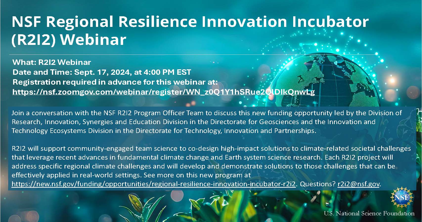 NSF Regional Resilience Innovation Incubator
(R2I2) Webinar